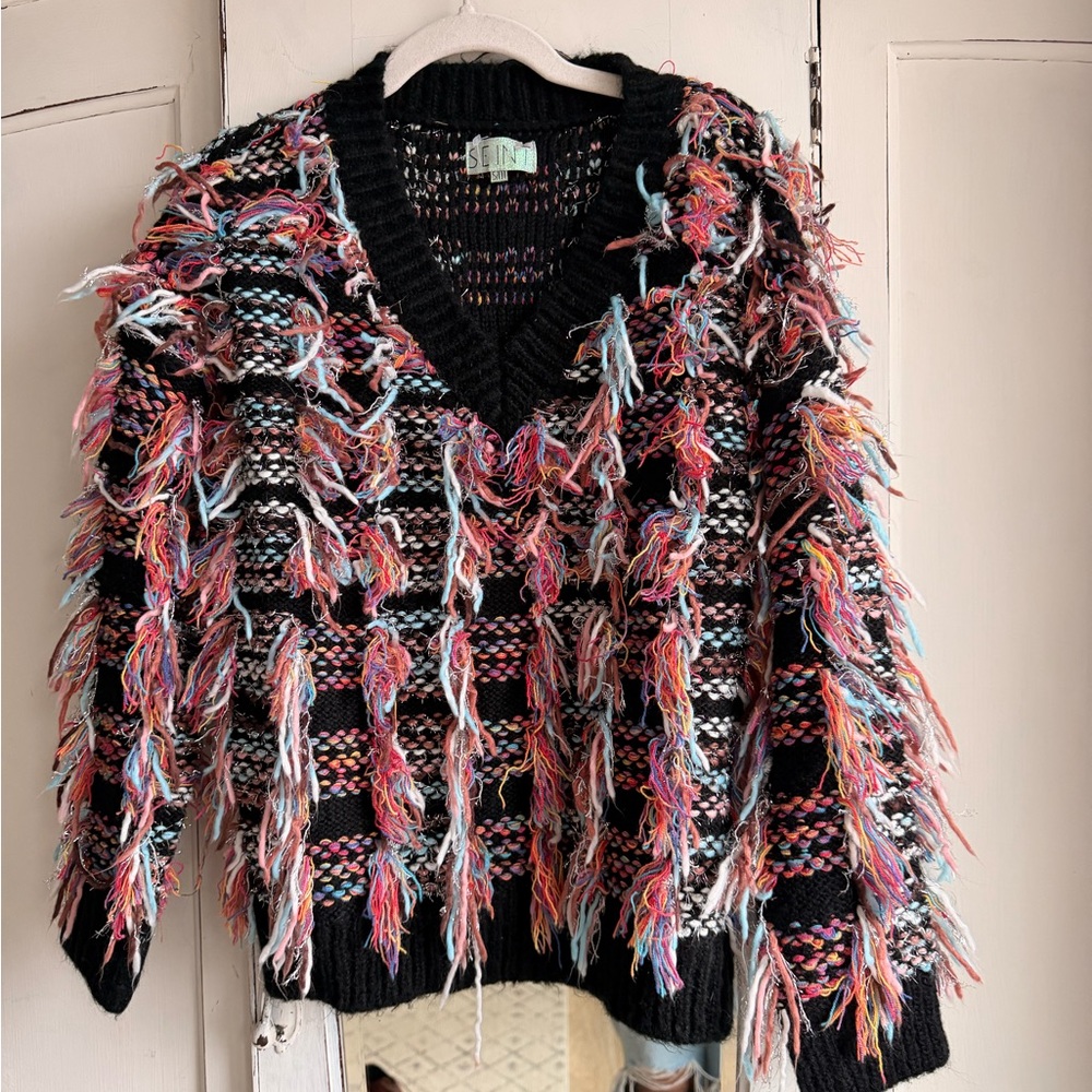 Lush Multicolor Fringe V-Neck Sweater